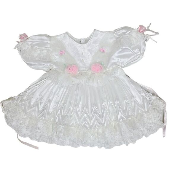 Vintage Kids Fashion Dress 18M White Poly Satin Lace Pink Rosettes Pleated Fancy - Picture 1 of 9